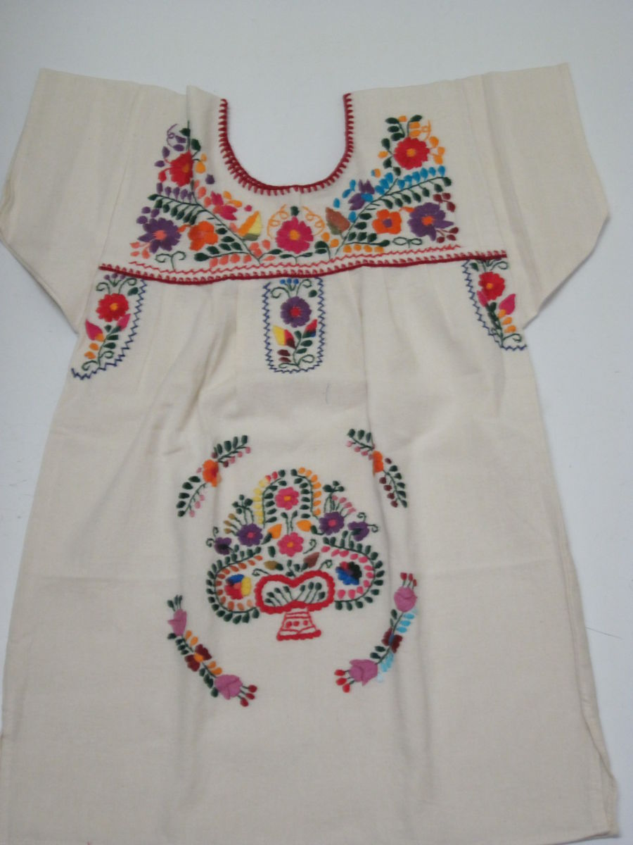 100% COTTON WHITE CALICO GIRLS SIZE 4 DRESS W/ HAND EMBROIDERED DESIGN ...